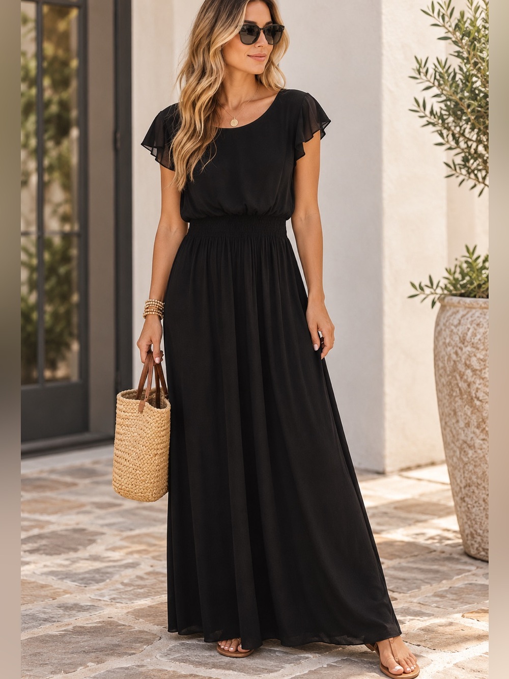 Le lis Black Cinched Waist Cap Sleeves Dress with Back Cu…‎